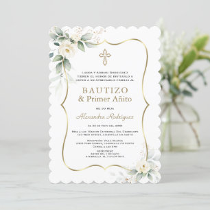 Invitation Blanc Floral Or espagnol 1er anniversaire Baptême