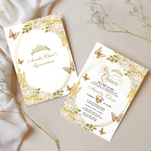 Invitation Blanc Floral Or Tiara Butterfly Mis Quinceañera