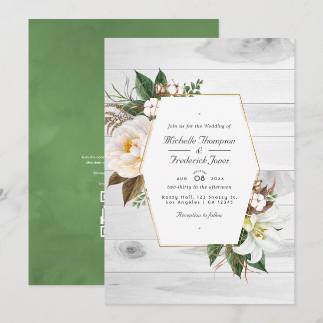 Invitation Blanc Floral Rustic Grange Pays Code QR Mariage (Devant / Derrière)