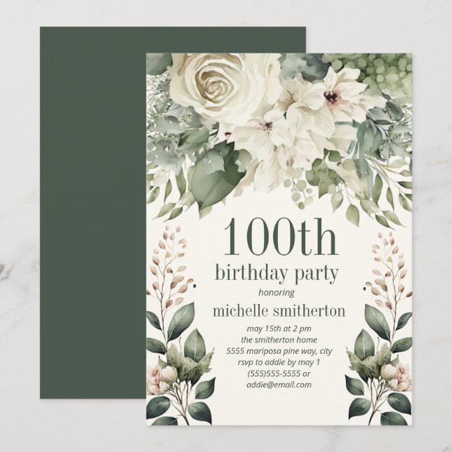 Invitation Blanc Floral Sage Vert Feuilles 100e anniversaire (Devant / Derrière)