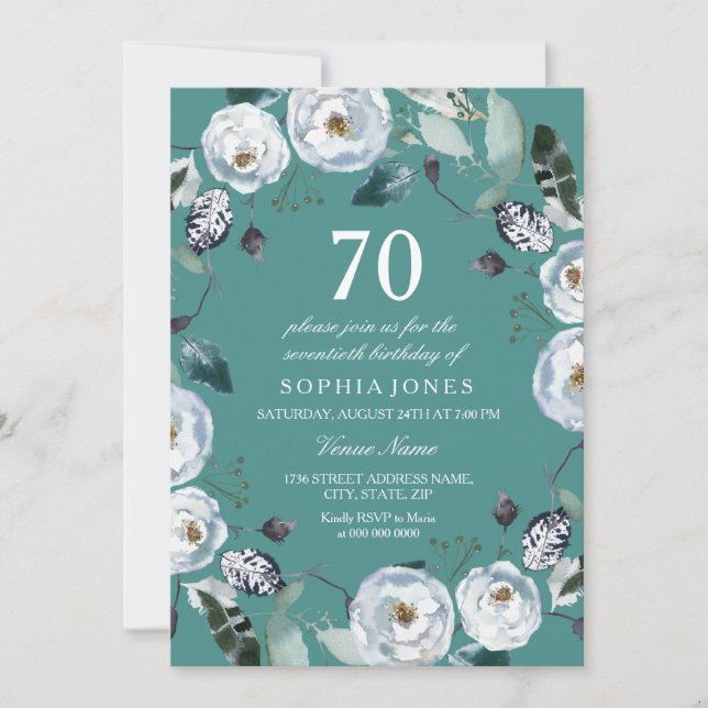 Invitation Blanc Floral Turquoise Vert 70e anniversaire Invit (Devant)