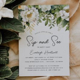 Invitation Blanc Floral verdure Sip et voir le Baby shower