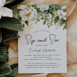 Invitation Blanc Floral verdure Sip et voir le Baby shower