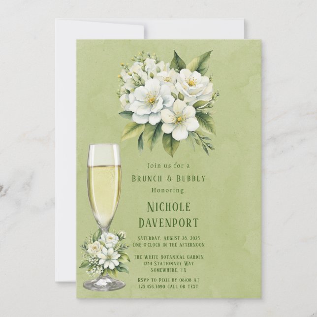 Invitation Blanc Floral Vert Peint Brunch & Bubbly (Devant)