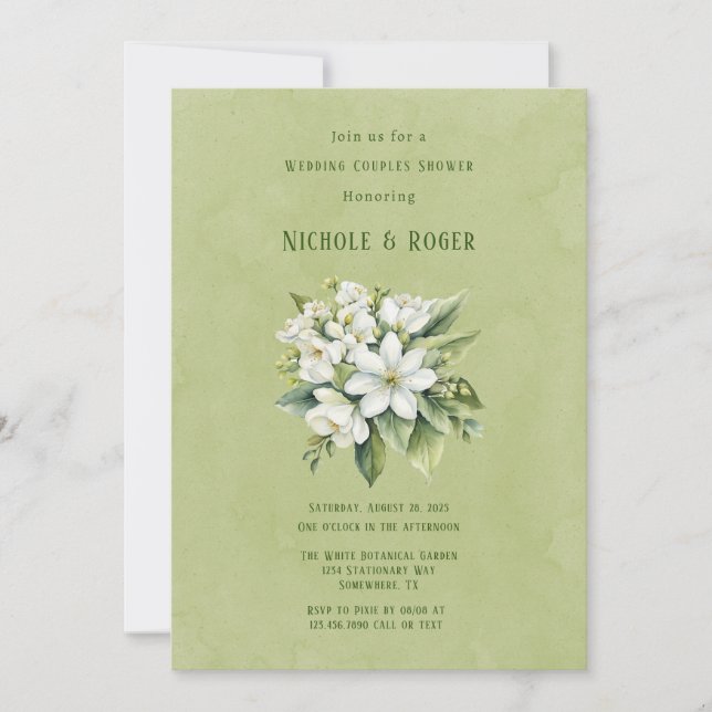 Invitation Blanc Floral Vert Peint Mariage Couples Douche Cou (Devant)