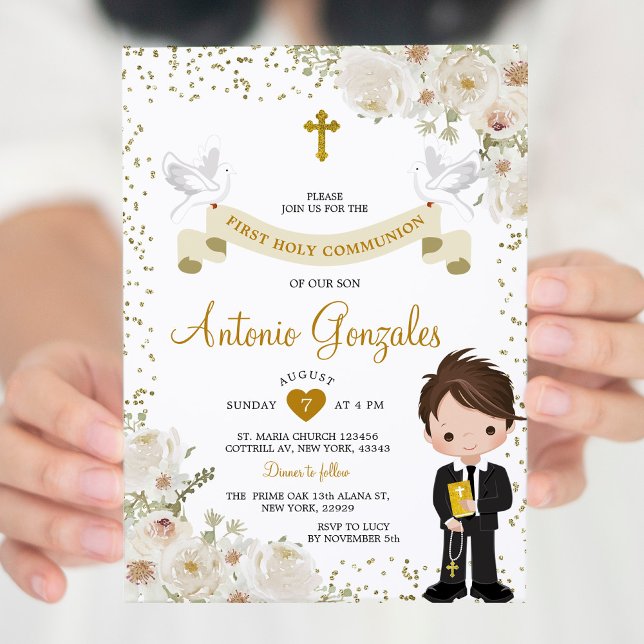 Invitation Blanc Flower Boy First Holy Communion Gold Parties (Créateur téléchargé)