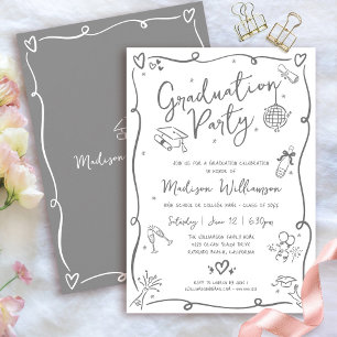Invitation Blanc Gris Dessins à main levée Doodles Graduation