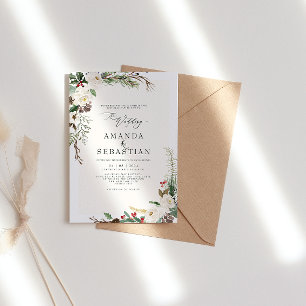 Invitation Blanc hiver Floral Berries Pine Cone Mariage