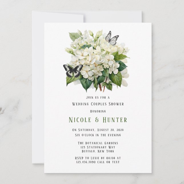 Invitation Blanc Hydrangea Papillon Mariage Couples Douche (Devant)