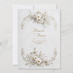 Invitation Blanc Impeccable Floral Vigne Dorée Élégant Mariag