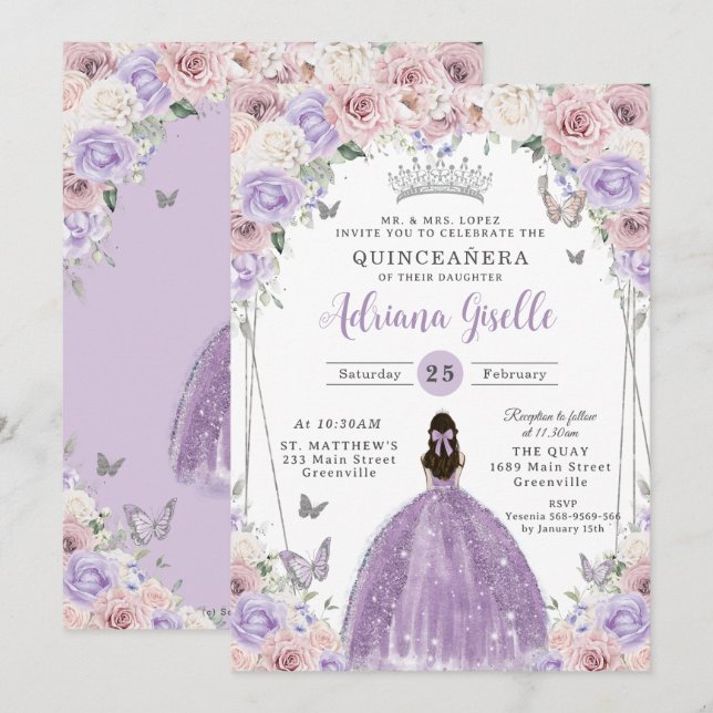 Invitation Blanc Lilac blanc Floral Argent Quinceañera XV 16 (Devant / Derrière)