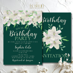 Invitation Blanc Lily Anniversaire Élégant Emeraude Vert Flor