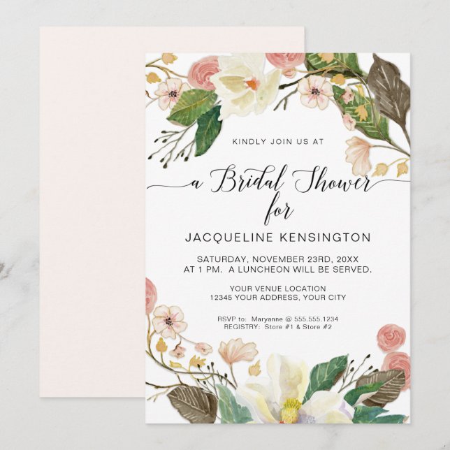 Invitation Blanc Magnolia Blush Rose Floral Twig n Folig (Devant / Derrière)