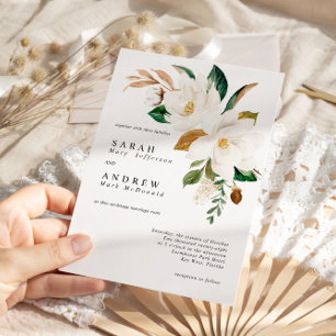 Invitation Blanc Magnolia & Feuilles verts Mariage moderne