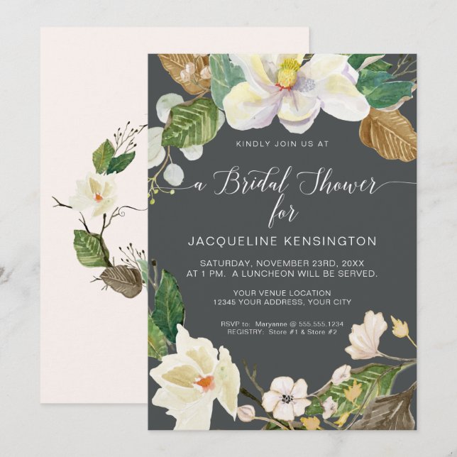 Invitation Blanc Magnolia Floral Aquarelle Folio Gris (Devant / Derrière)
