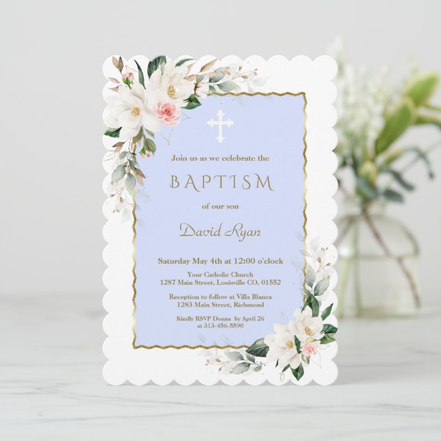 Invitation Blanc Magnolia rose Or Floral Blue Boy Baptême (Debout devant)