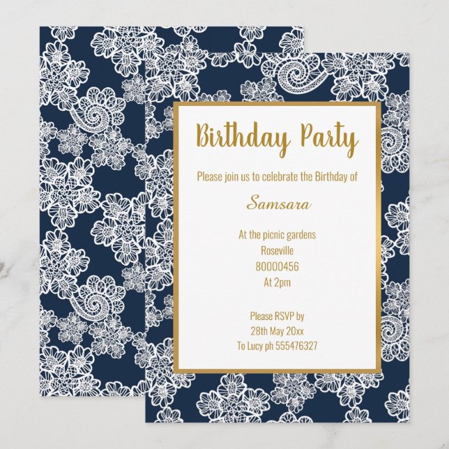 Invitation BLANC MARINE LACE OR TRIM ÉLÉGANT ANNIVERSAIRE bla (Devant / Derrière)
