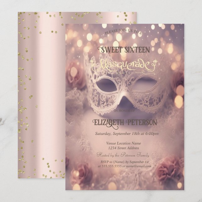 Invitation Blanc Masque Diamants Rose Gold Sweet 16 (Devant / Derrière)