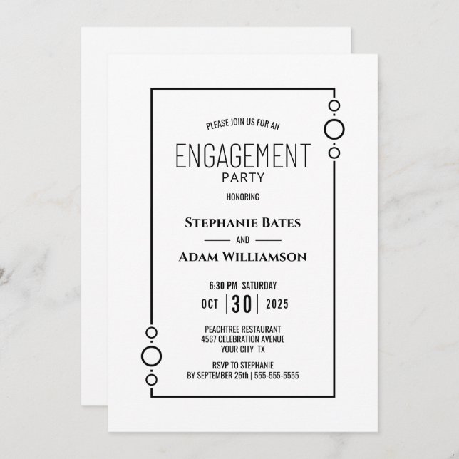 Invitation Blanc moderne avec Black Frame d'engagement (Devant / Derrière)