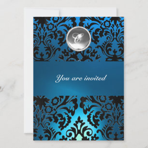 INVITATION BLANC MONOGRAMME EN PIERRE PRECIEUSE DAMASSE NOIR 