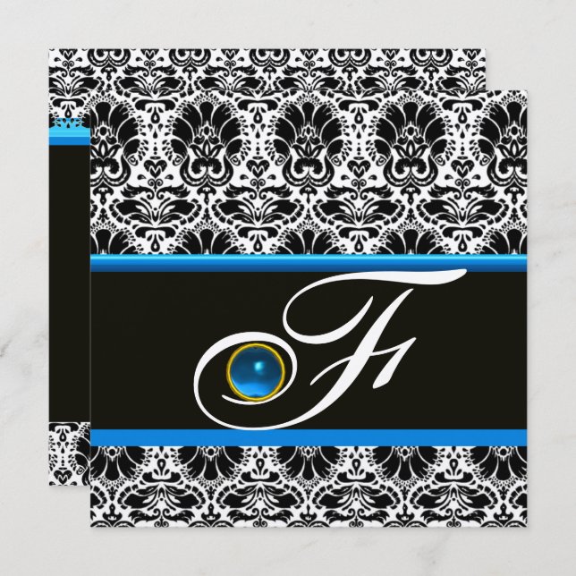Invitation BLANC NOIR BLEU DAMASK MONOGRAM Sapphire Argent (Devant / Derrière)
