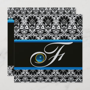 Invitation BLANC NOIR BLEU DAMASK MONOGRAM Sapphire Argent