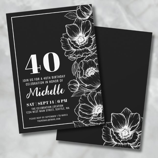 Invitation Blanc noir élégant Floral 40e anniversaire (Elegant Floral Black And White 40th Birthday Invitation)