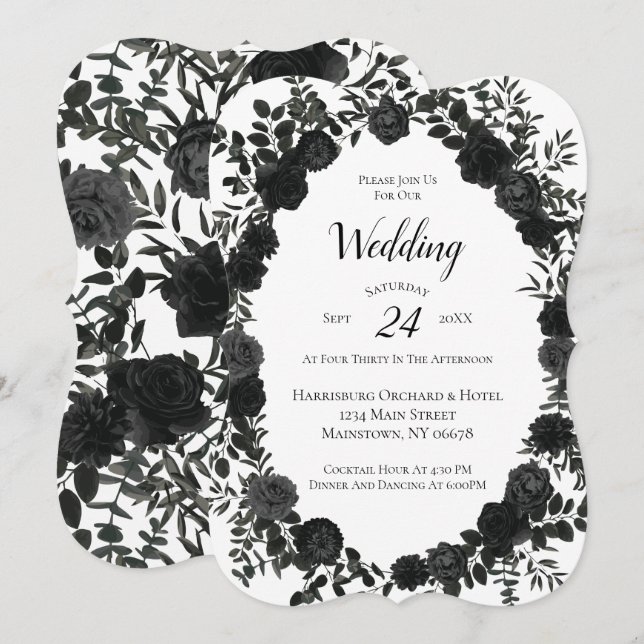 Invitation Blanc noir Elégant Rose Mariage gothique  (Devant / Derrière)