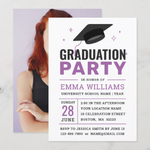 Invitation Blanc noir moderne violet   Photo Graduation Party