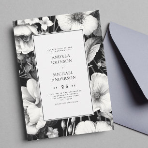Invitation Blanc noir Vintage Botanique foncé Mariage Floral