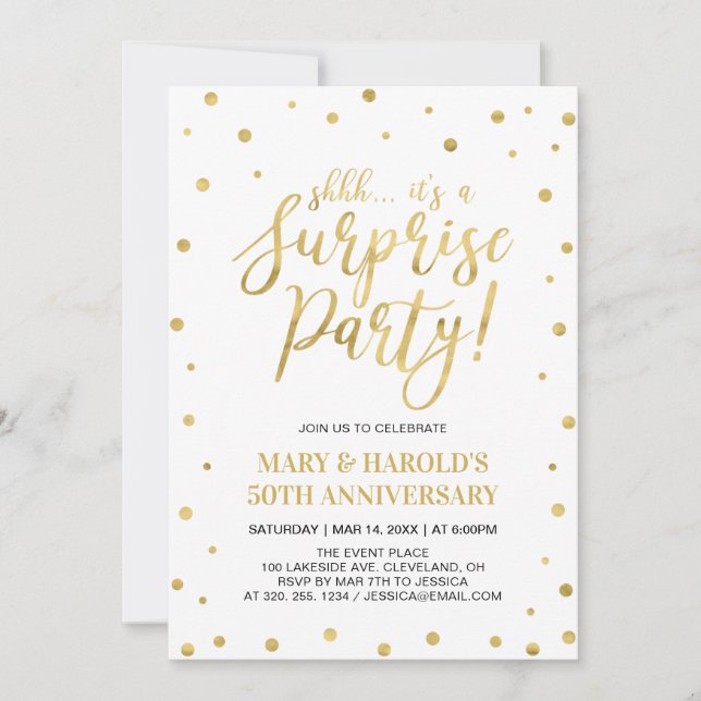 Invitation Blanc & Or | 50e anniversaire de mariage surprise (Devant)
