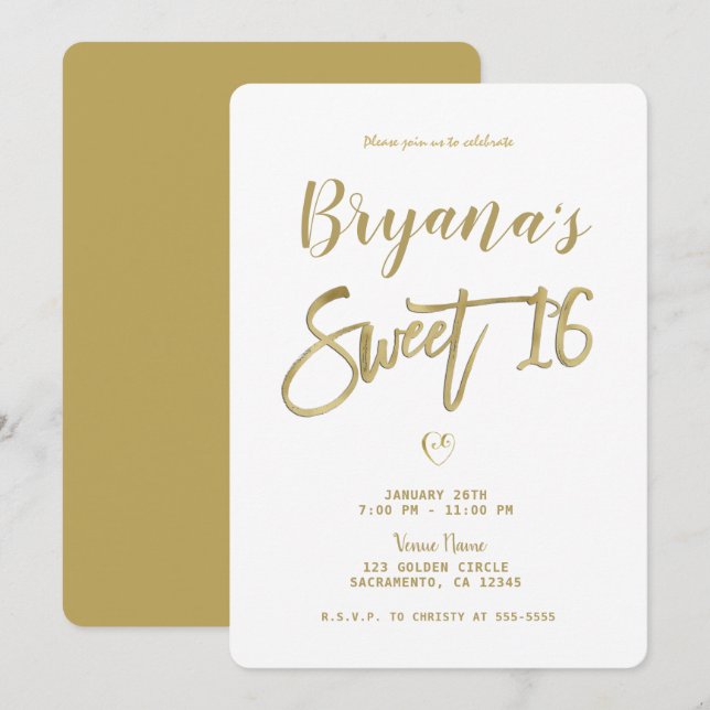 Invitation Blanc & Or Moderne Minimal Chic Sweet 16 (Devant / Derrière)