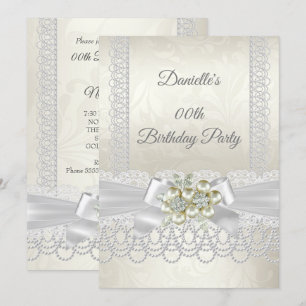 Invitation Blanc Perle de Crème Damassé Diamant Anniversaire