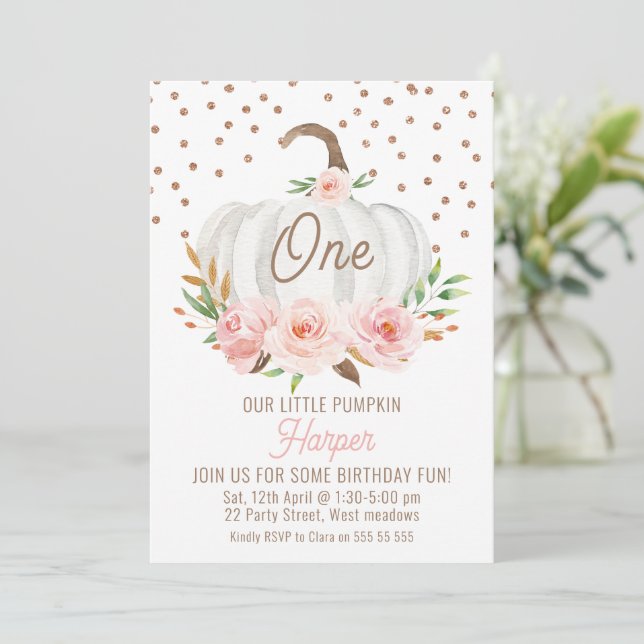 Invitation Blanc Petit Citrouille Floral 1er anniversaire (Debout devant)
