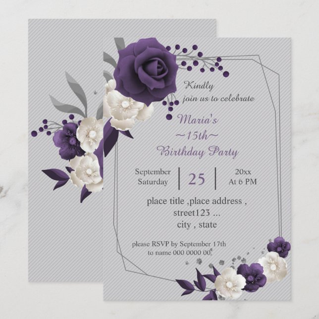 Invitation blanc pourpre poussiéreux fleurs géométrique anniv (Devant / Derrière)