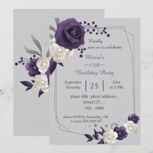 Invitation blanc pourpre poussiéreux fleurs géométrique anniv