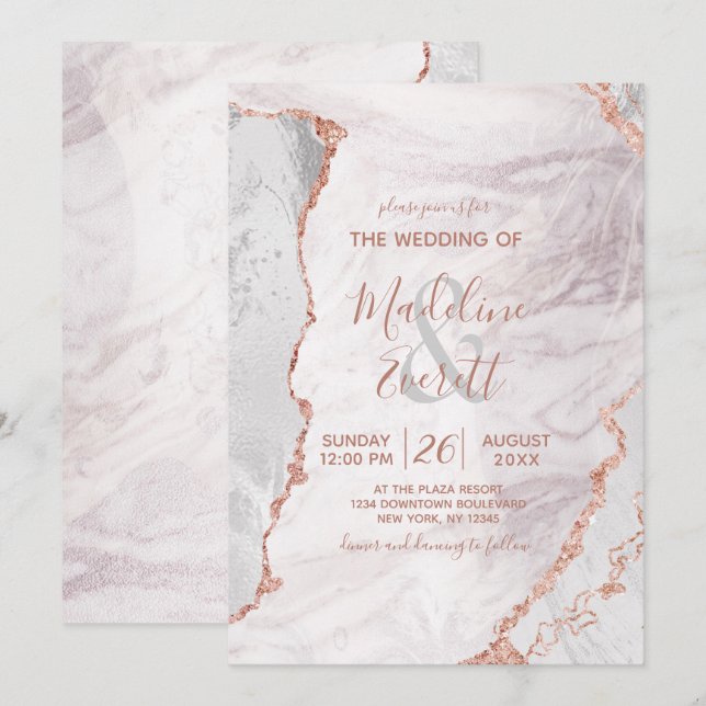 Invitation Blanc & Rose Gold Agate Marbre Foil Mariage modern (Devant / Derrière)