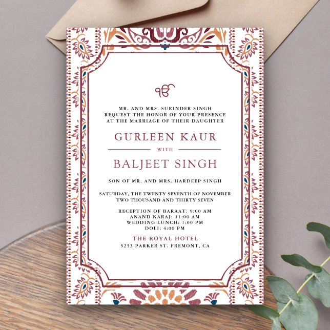 Invitation Blanc rose Ikat Anand Karaj Sikh Mariage (Créateur téléchargé)