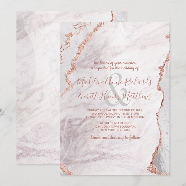 Invitation Blanc & Rose Or Agate Marbre Foil Mariage doré (Devant / Derrière)