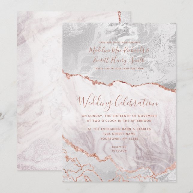 Invitation Blanc & Rose Or Agate Marbre Foil Mariage doré (Devant / Derrière)