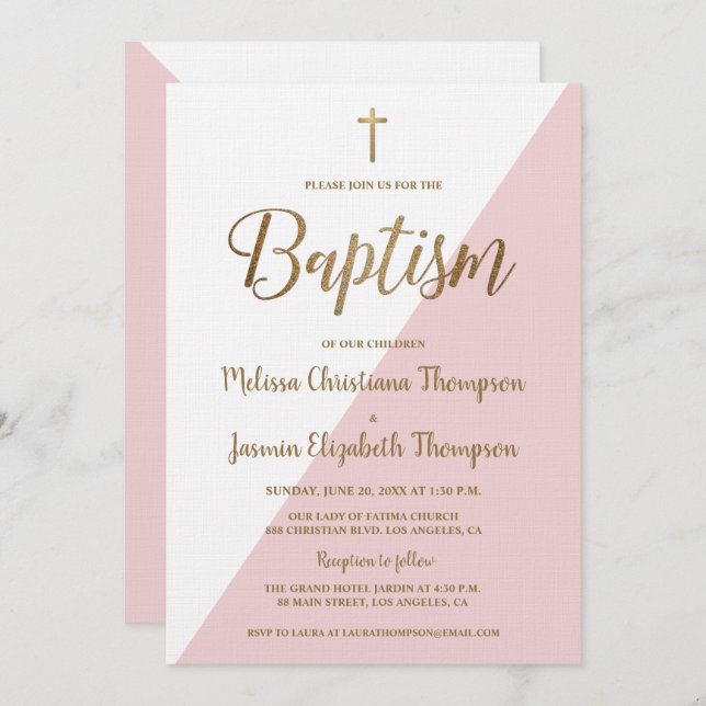 Invitation Blanc rose simple et or (Devant / Derrière)