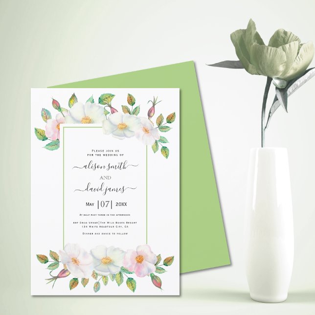 Invitation Blanc, rose vif rose vert mariage floral (Créateur téléchargé)