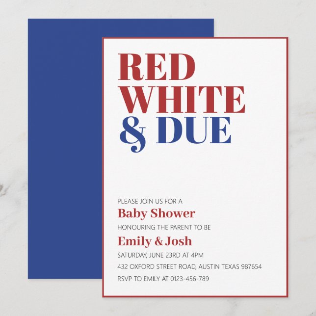 Invitation Blanc rouge et Baby shower du 4 juillet (Devant / Derrière)