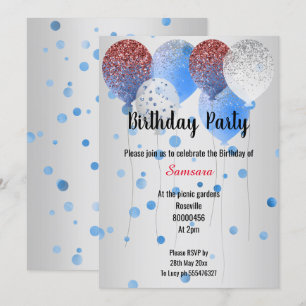 INVITATION BLANC ROUGE ET BLEU BALLON D'ANNIVERSAIRE ARGENT D