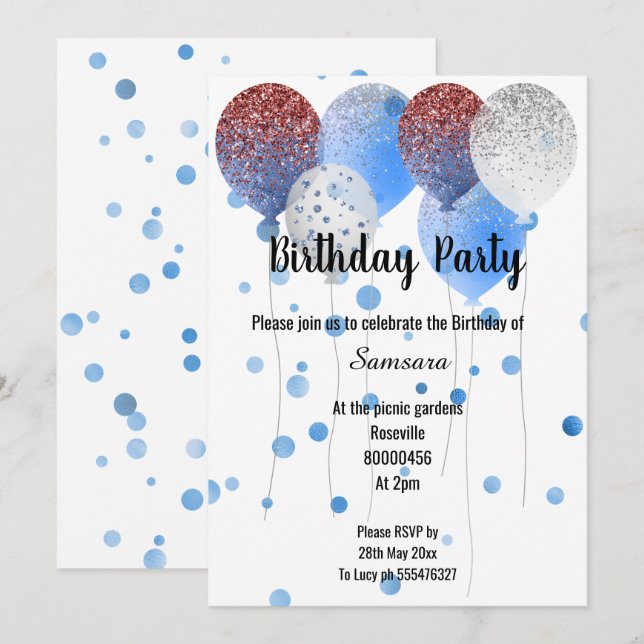 INVITATION BLANC ROUGE ET BLEUE BALLON D'ANNIVERSAIRE BLANC S (Devant / Derrière)