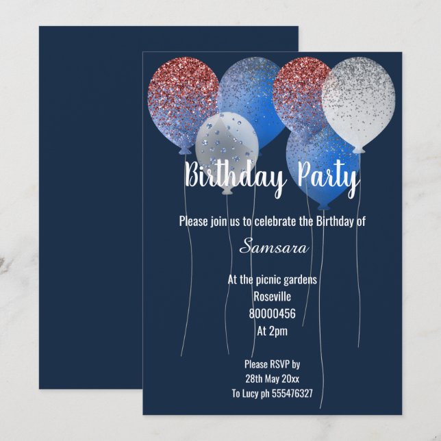 INVITATION BLANC ROUGE ET BLEUE MARINE BALLON D'ANNIVERSAIRE (Devant / Derrière)