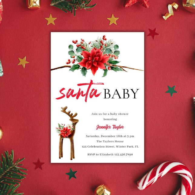 Invitation Blanc Rouge Père Noël Baby Noël Baby shower à thèm (Greenery Red Santa Baby Christmas Baby Shower Invitation)