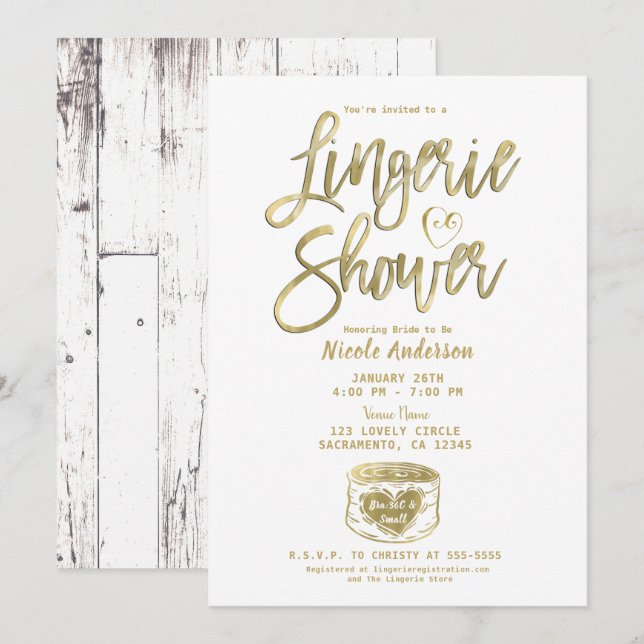 Invitation Blanc Rustique Bois Glam Or Douche Lingerie  (Devant / Derrière)