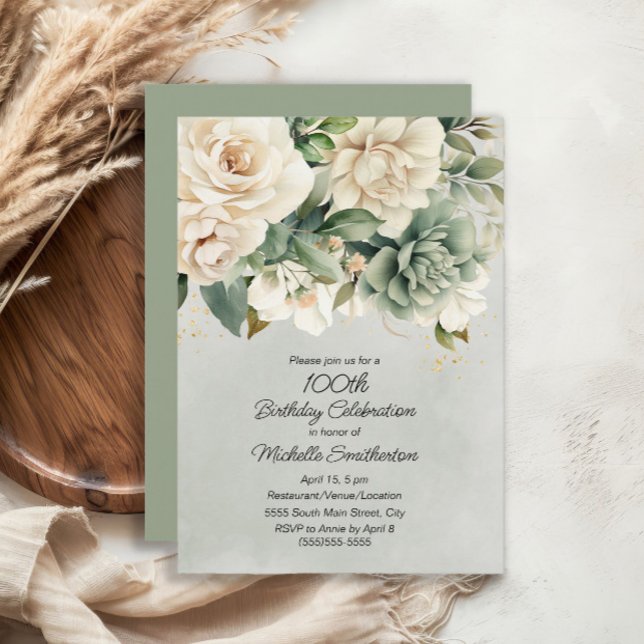 Invitation Blanc Sage Vert Floral Or 100e anniversaire (White and sage green floral 100th birthday invitation)