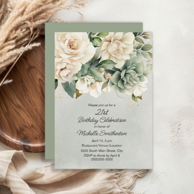Invitation Blanc Sage Vert Floral Or 21e Anniversaire (White and sage green floral 21st birthday invitation)